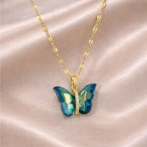 Luxury Butterfly Gold Chain Shimmering Blue-Green Wings Necklace